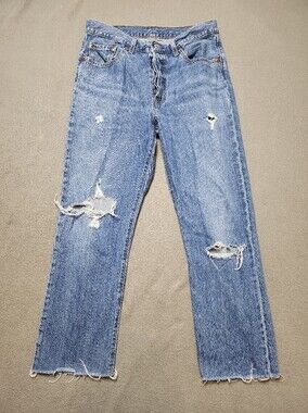 Levi's 501 Jeans W28 Light Wash Distressed Raw Hem Cropped Straight Leg